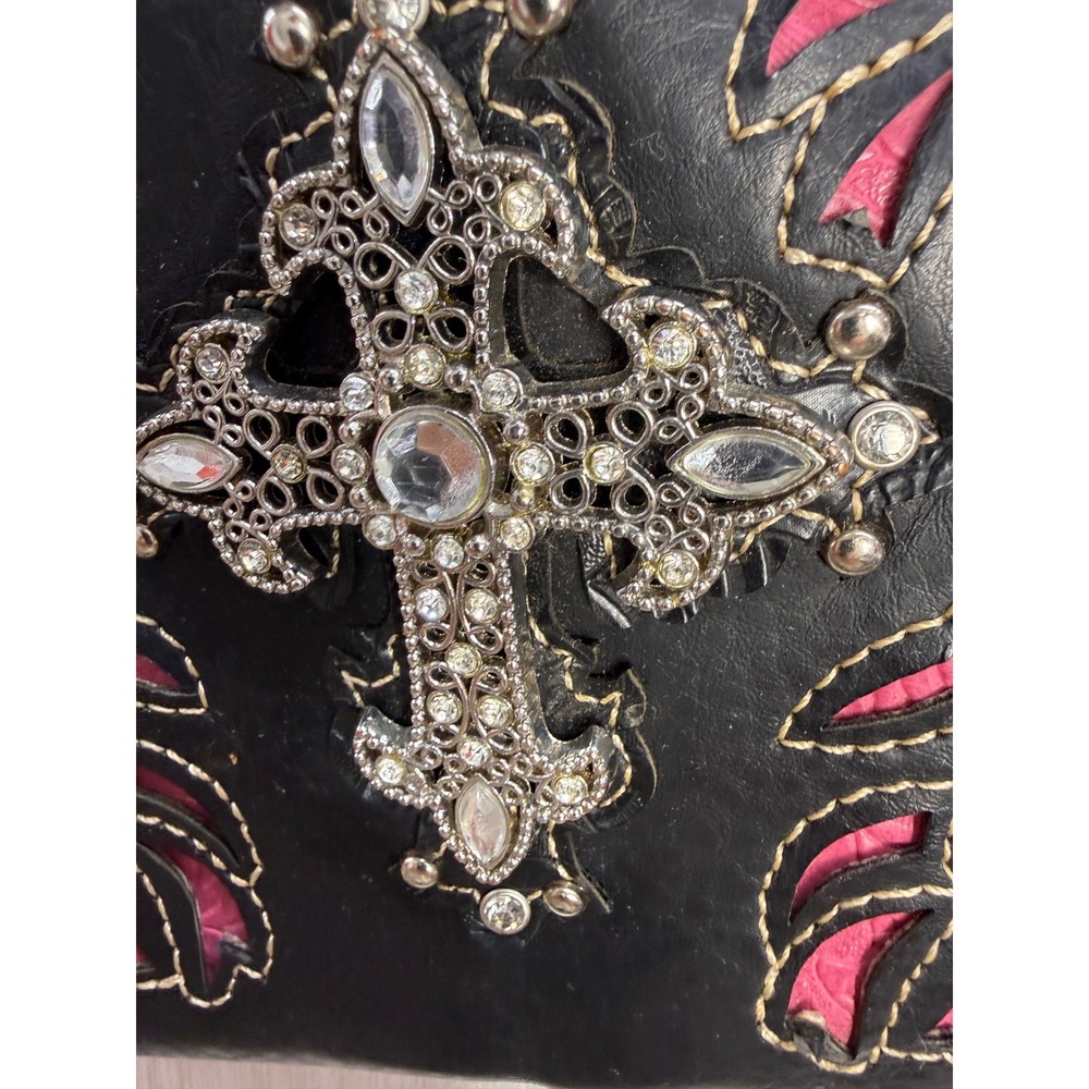Western Black Pink Floral Cross Rhinestone Crossbody Phone Bag Chain Strap - Picture 3 of 14